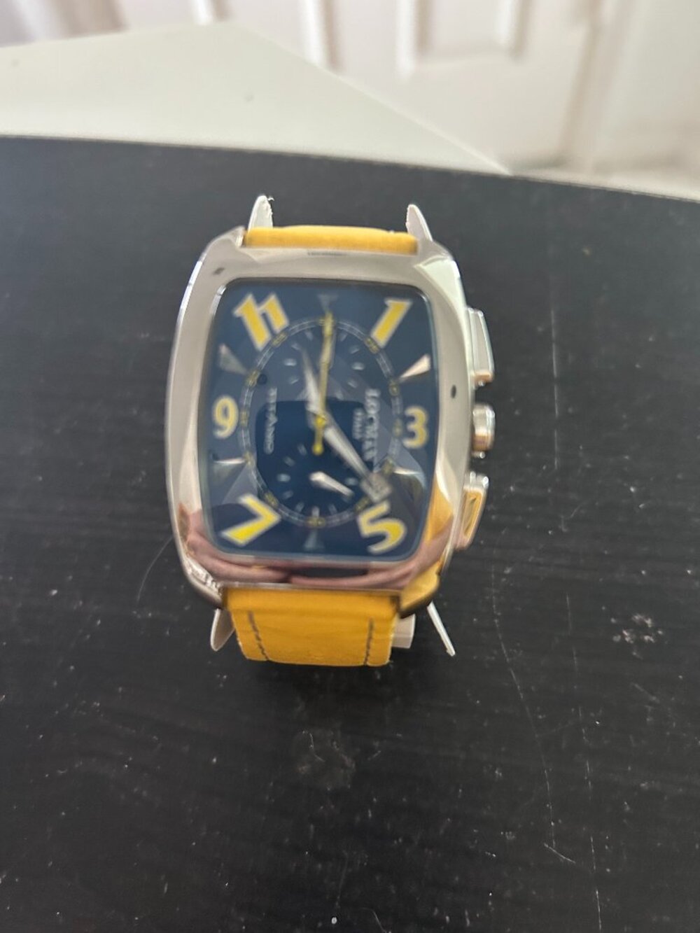 Locman Titanio Chronograph Quartz Wristwatch Yellow Leather Strap Blue Dial
